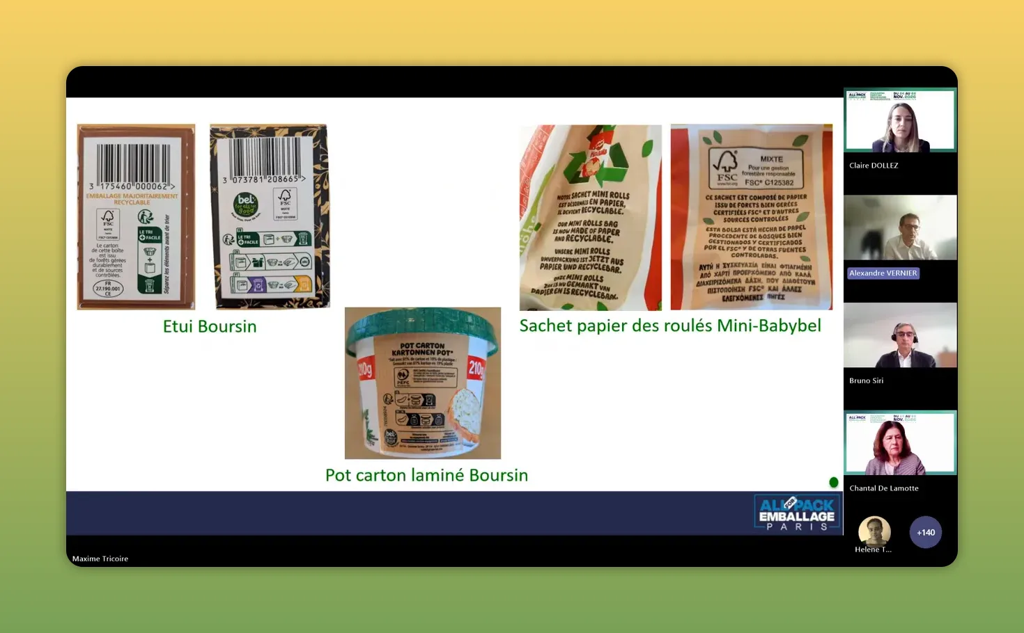 Klarer Folien‑Screenshot mit Abbildungen von Etui und Beutel (Boursin, Mini‑Babybel) und einem Kartonbecher; Recycling‑Symbole und kurze Texte erkennbar; Webinar‑Teilnehmer rechts.