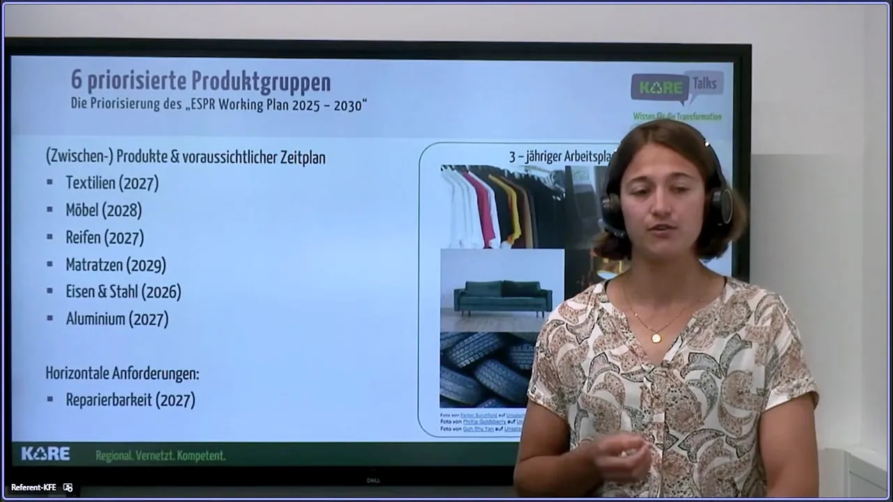 Präsentationsfolie '6 priorisierte Produktgruppen' links mit zusätzlichem Punkt 'Horizontale Anforderungen - Reparierbarkeit (2027)'; Referentin steht rechts neben dem Bildschirm.