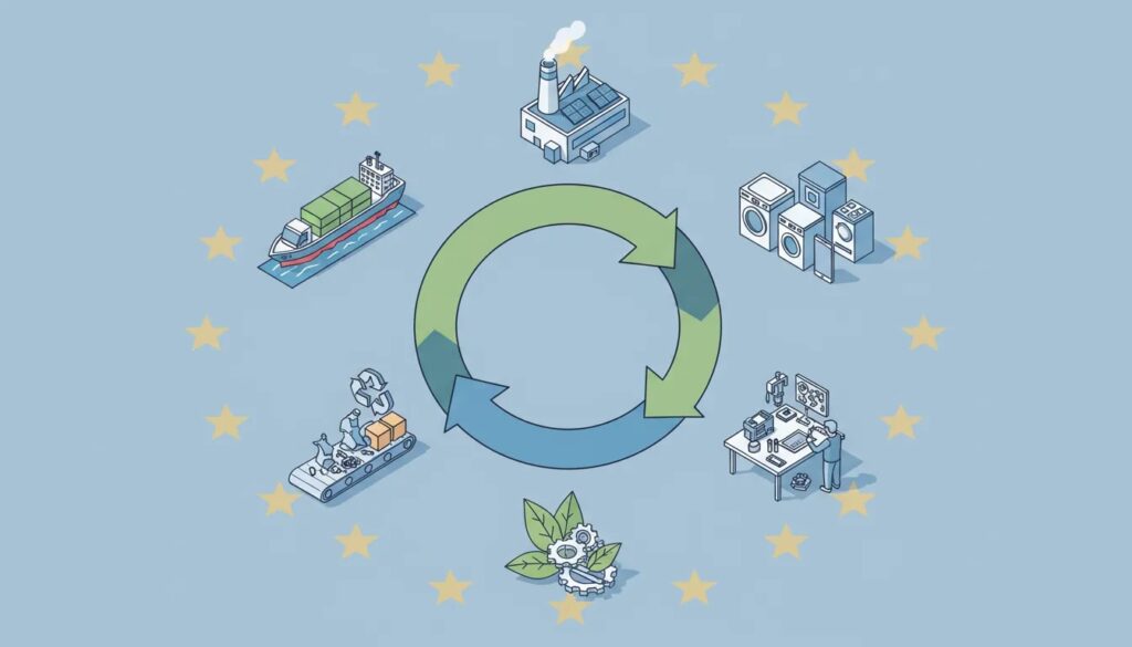 Isometrische Illustration eines kreisförmigen Produktlebenszyklus: Fabrik mit Solarpanelen, Transport (Containerschiff und Lkw), Haushaltsgeräte und Elektronik, Werkbank mit Reparatur, Sortieranlage für Recycling, Pfeile, Blätter und Zahnräder in Blau-Grün, dezente EU-Sterne, keine Schrift