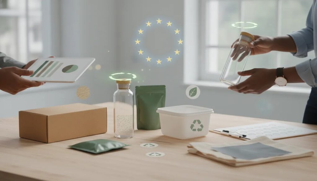 Symbolische Darstellung nachhaltiger, rechtskonformer Verpackungen unter EU‑Vorgaben: verschiedene wiederverwendbare und recyclingfähige Verpackungen, grüne Recyclingpfeile und stilisierte EU‑Sterne im Hintergrund