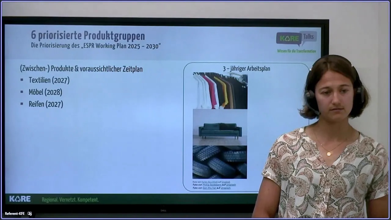 Folie '6 priorisierte Produktgruppen' mit Liste Textilien, Möbel, Reifen und zugehörigen Bildern