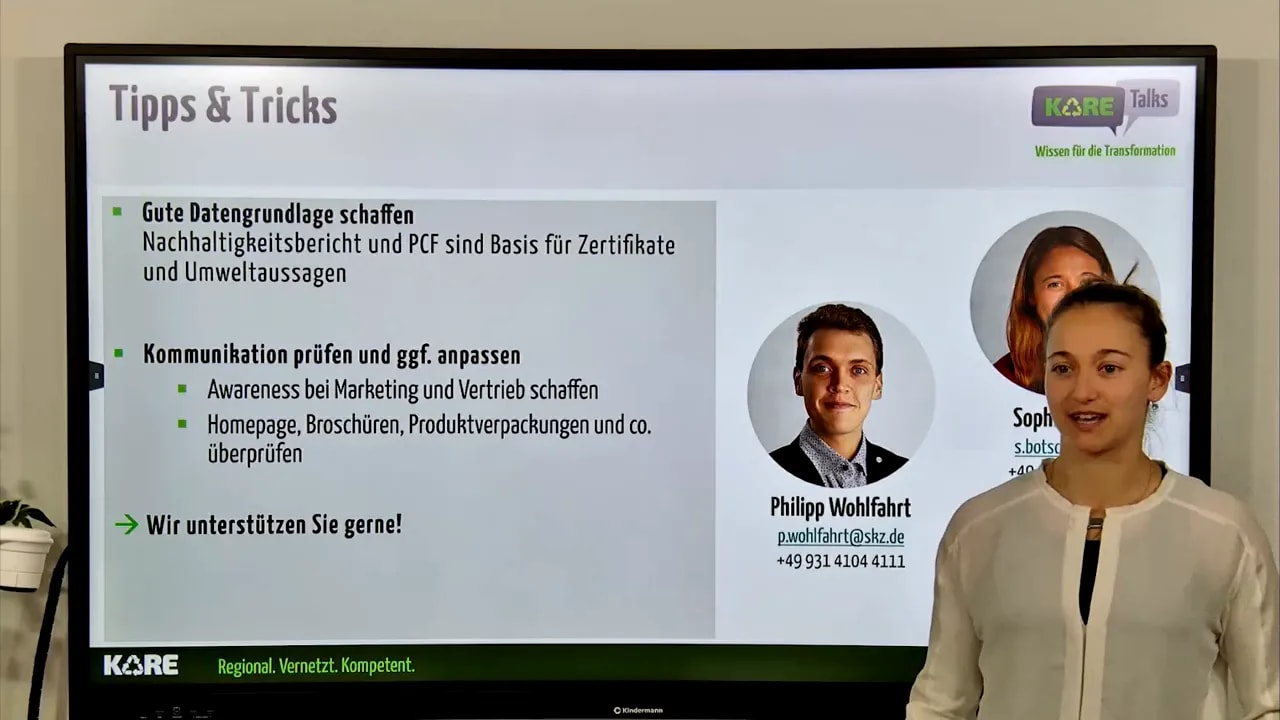 Abschlussfolie „Tipps & Tricks“: Nachhaltigkeitsbericht, PCF und Kommunikation prüfen und anpassen