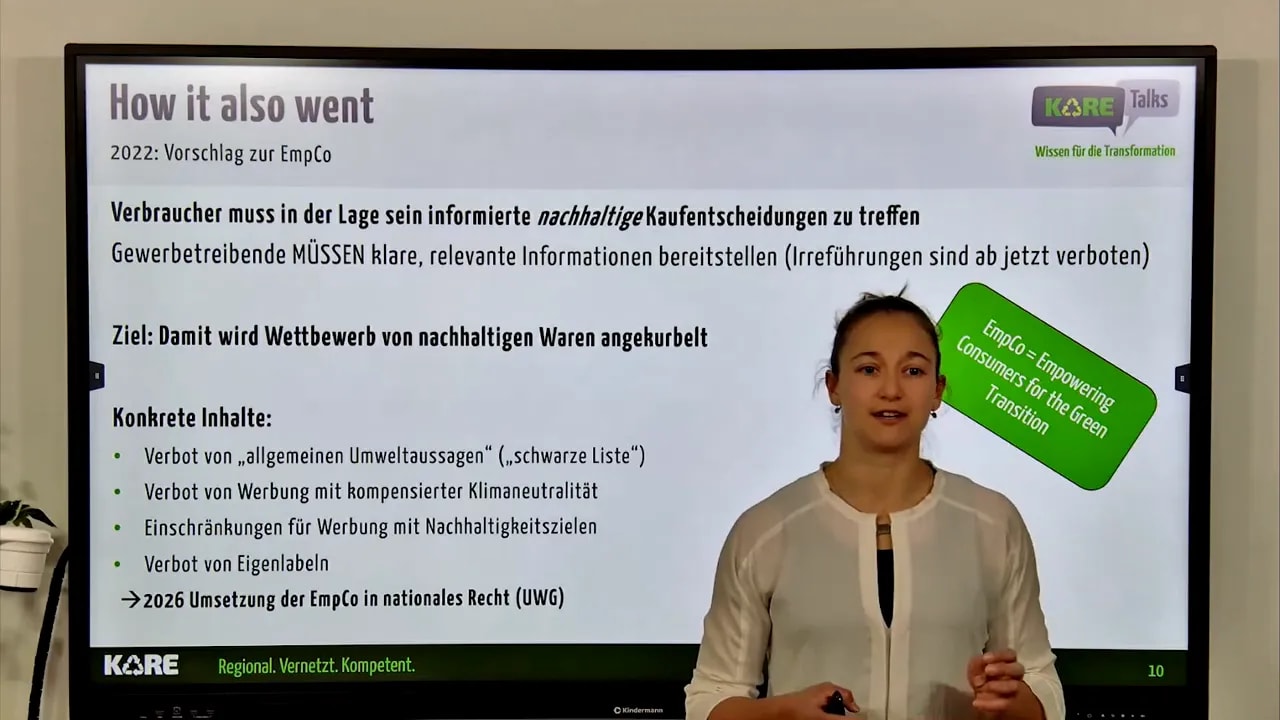 Präsentationsfolie „How it also went“ mit Kernbotschaften zu EmpCo: informierte nachhaltige Kaufentscheidungen und Einschränkungen irreführender Umweltaussagen