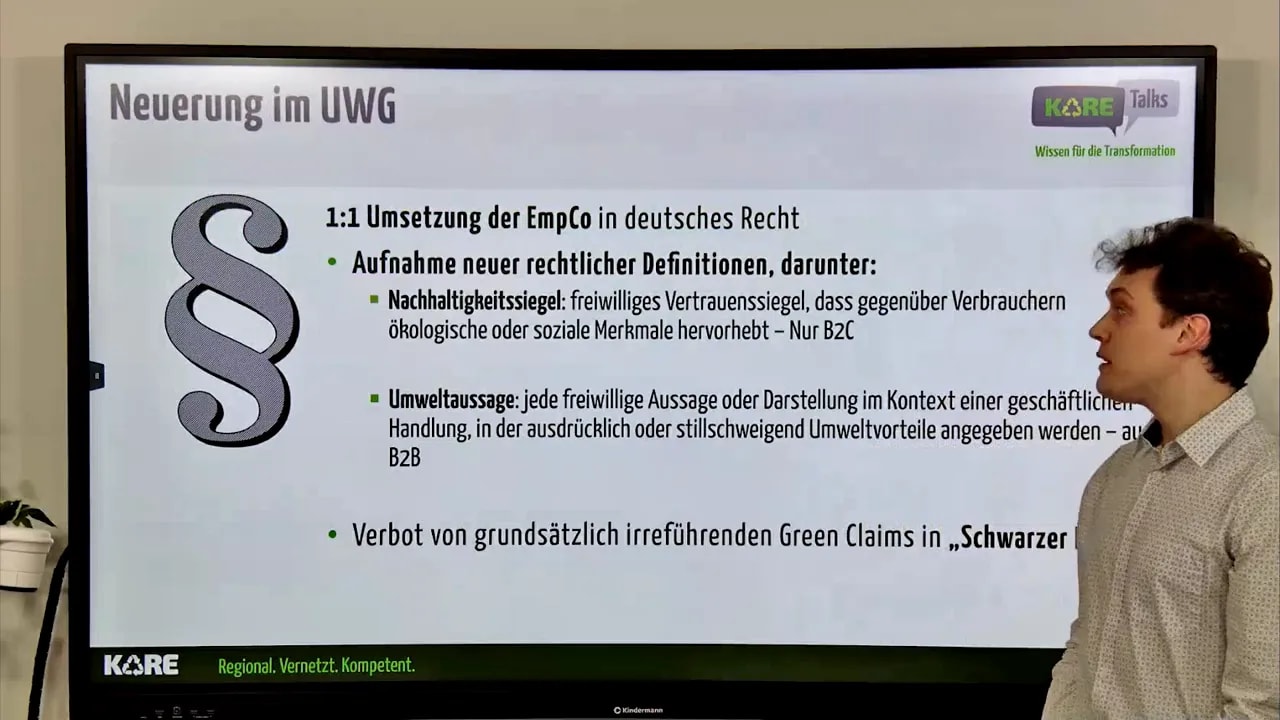 Folie zur Neuregelung im UWG: Umsetzung von EmpCo mit Definitionen für Nachhaltigkeitssiegel und Umweltaussagen