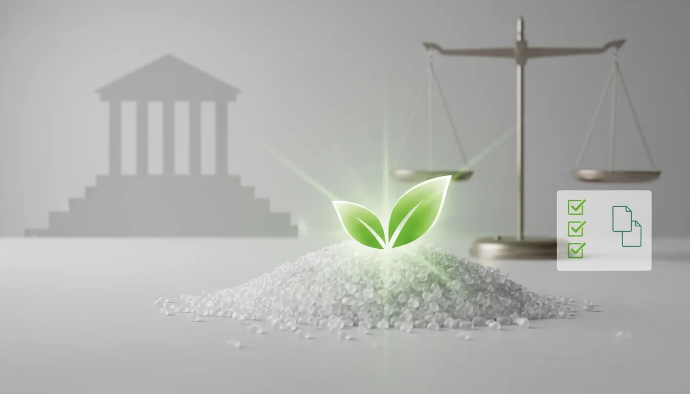 Rechtssichere Darstellung grüner Umweltaussagen in der Kunststoffbranche: Kunststoffpellets mit grünem Natur-Overlay und einer Balance-Scale, ohne Text.