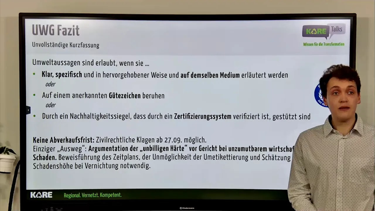 Folie „UWG Fazit“ mit Kriterien für zulässige Umweltaussagen (klar, Gütezeichen, verifiziertes Nachhaltigkeitssiegel) und Hinweis auf keine Abverkaufsfrist