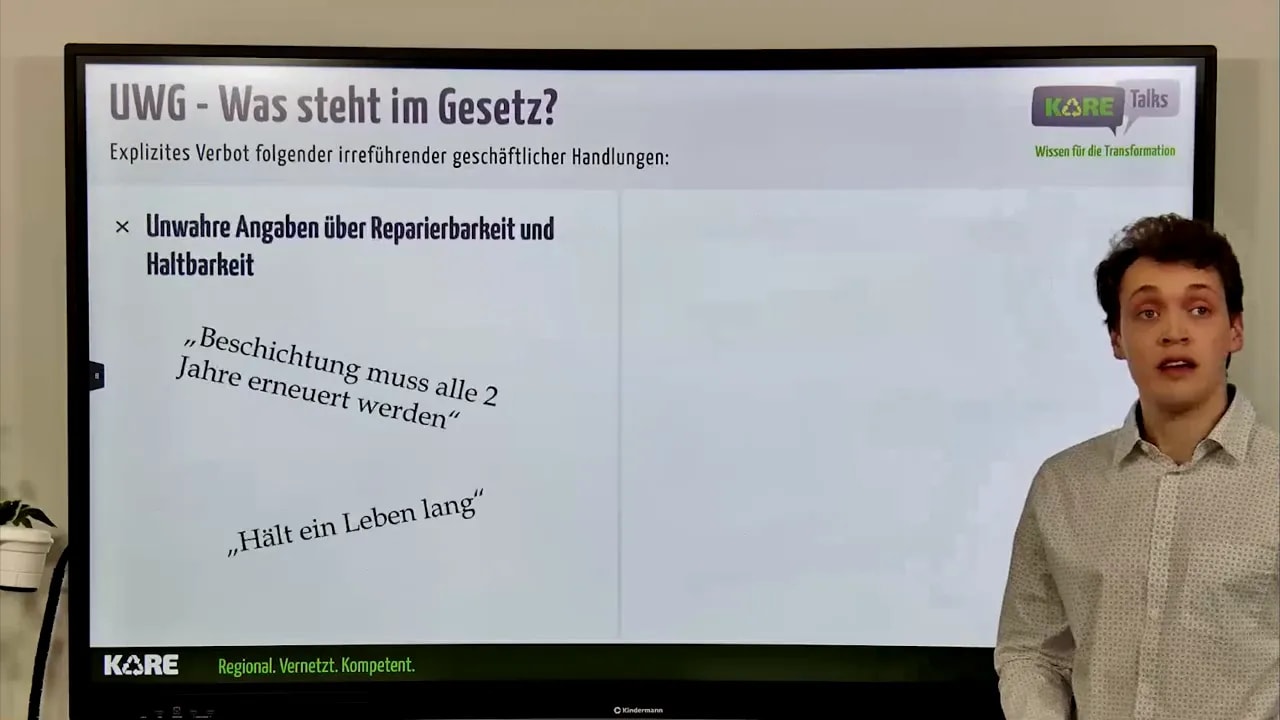 Tafel mit UWG-Übersicht: unklare/wahre Angaben zu Reparierbarkeit und Haltbarkeit mit Beispielen wie „Hält ein Leben lang“