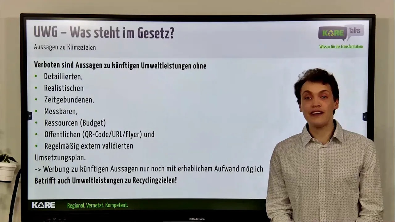 Präsentationsfolie zu UWG: Verbot künftiger Umweltaussagen ohne detaillierten, messbaren Umsetzungsplan
