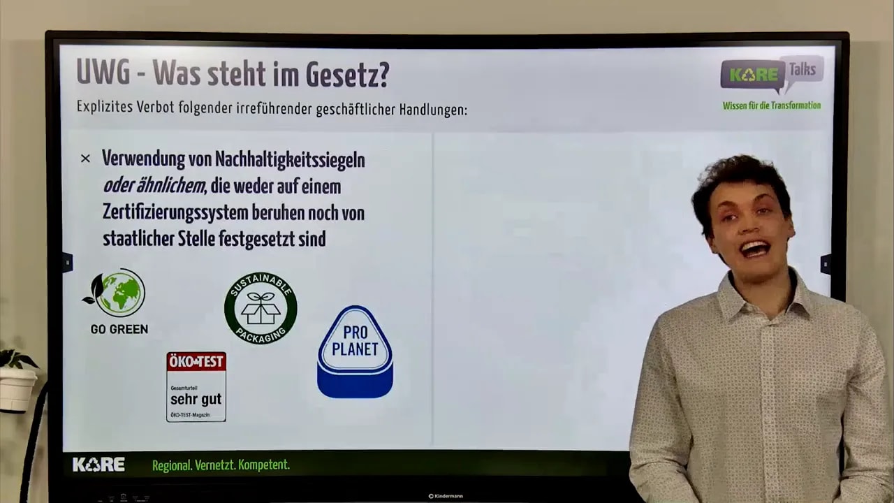 Folie „UWG – Was steht im Gesetz?“ mit Verbot der Verwendung von Nachhaltigkeitssiegeln oder ähnlichen Labels ohne Zertifizierungs- oder staatliche Grundlage